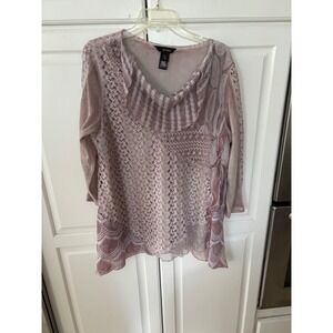 Ali Miles Womens XL Mauve Mixed Media Lace Ruffle Tunic Top Boho Cowl Neck 3/4